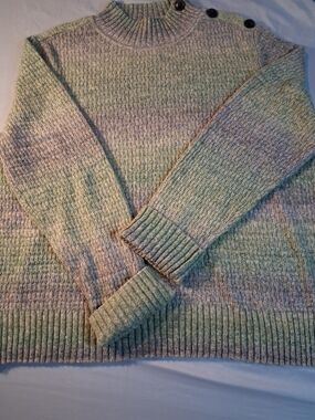 Talbots Green Heather Ribbed Neck Sweater with Button Shoulder